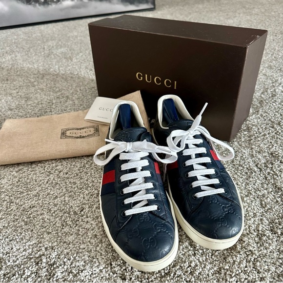 Gucci Ace Blue GG Monogram Leather Sneakers US 9 EU 42 UK 8 Excellent Condition